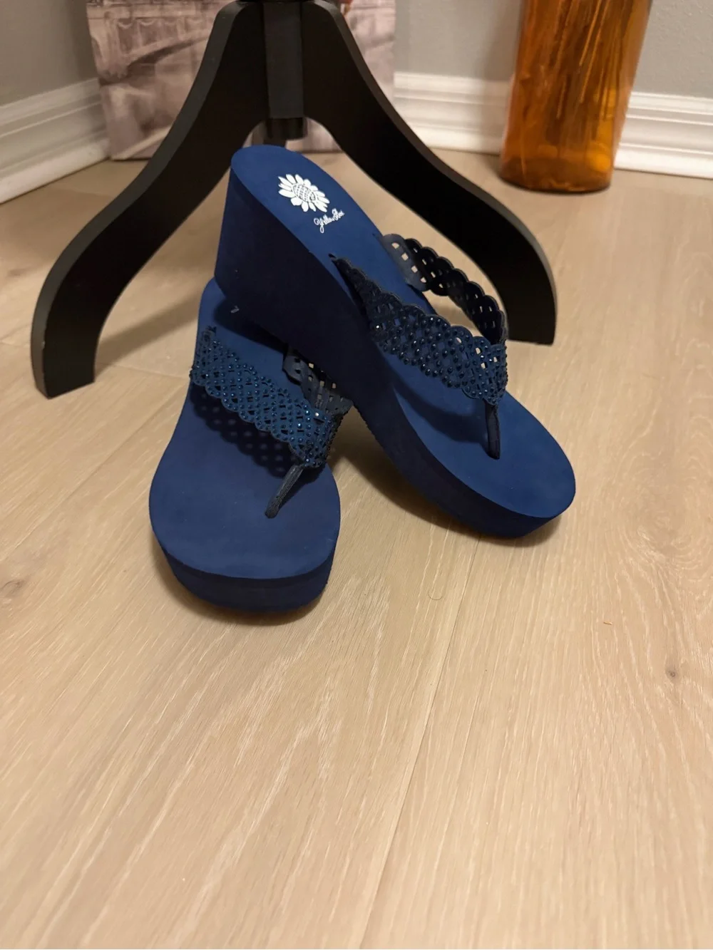 Yellow Box Navy Blue Wedge Sandals with Decorative Straps